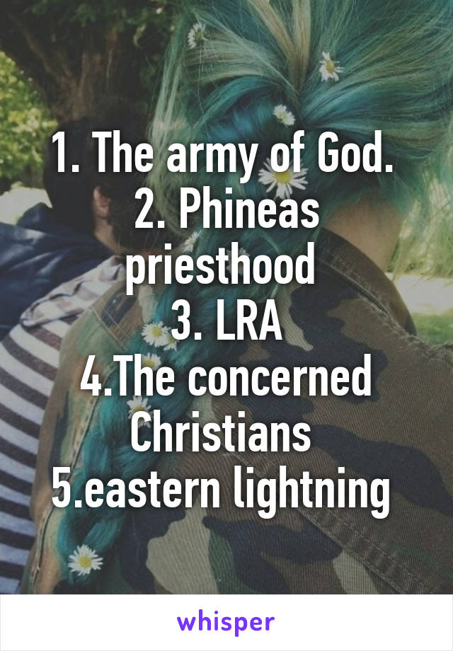 1. The army of God. 
2. Phineas priesthood 
3. LRA
4.The concerned Christians 
5.eastern lightning 