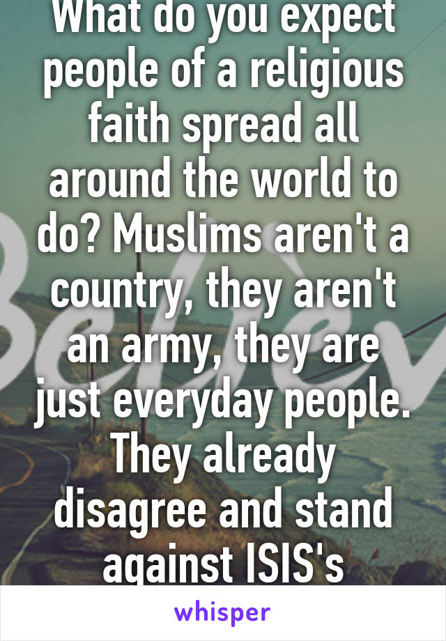 What do you expect people of a religious faith spread all around the world to do? Muslims aren't a country, they aren't an army, they are just everyday people. They already disagree and stand against ISIS's ideologies.