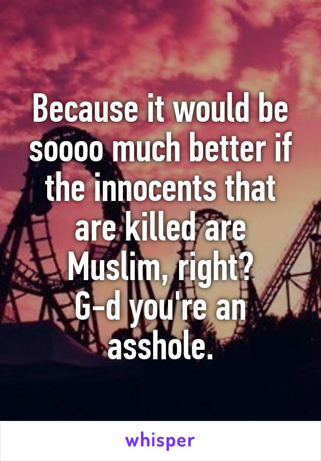 Because it would be soooo much better if the innocents that are killed are Muslim, right?
G-d you're an asshole.