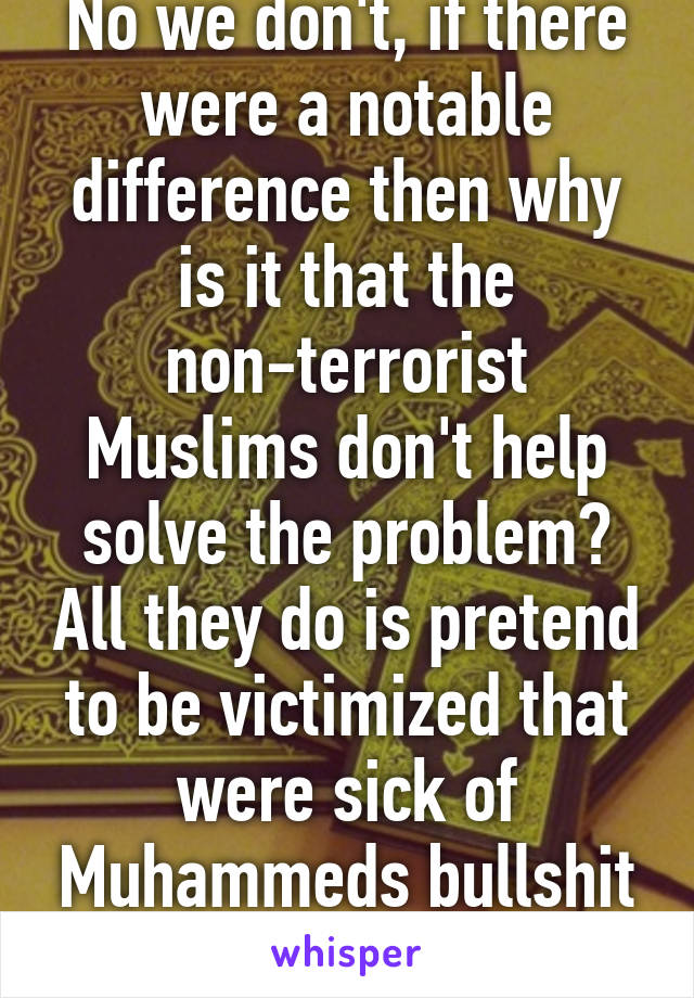 No we don't, if there were a notable difference then why is it that the non-terrorist Muslims don't help solve the problem? All they do is pretend to be victimized that were sick of Muhammeds bullshit book The Quran!