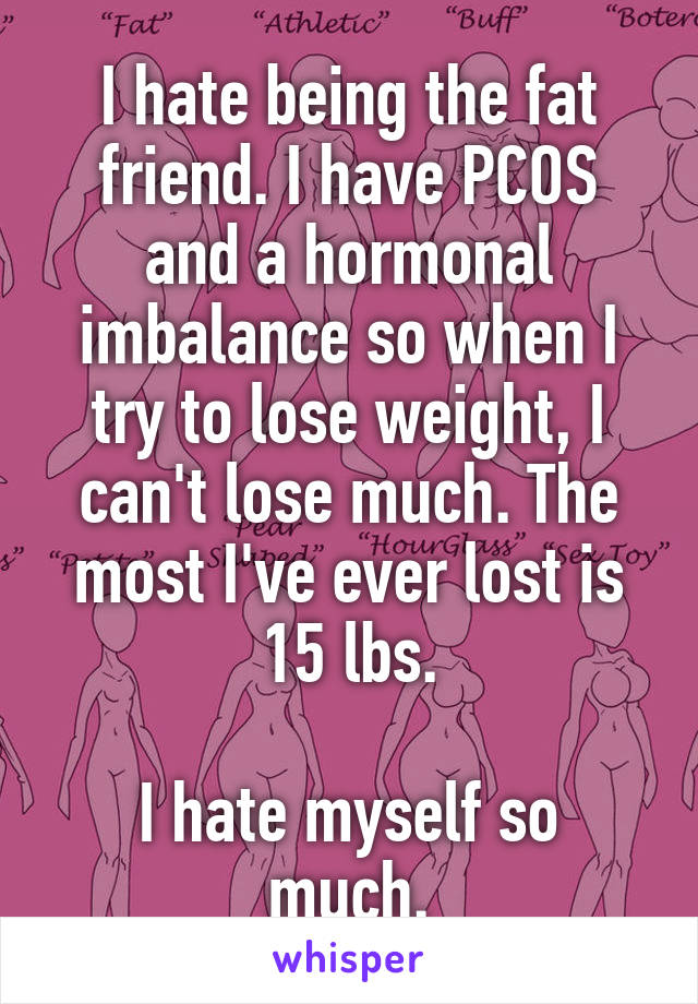 I hate being the fat friend. I have PCOS and a hormonal imbalance so when I try to lose weight, I can't lose much. The most I've ever lost is 15 lbs.

I hate myself so much.