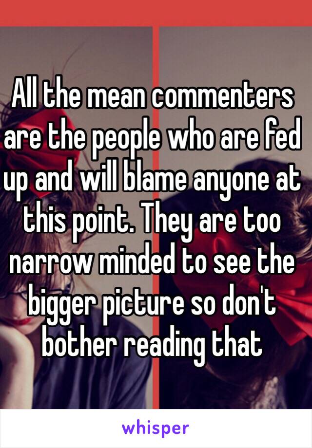 All the mean commenters are the people who are fed up and will blame anyone at this point. They are too narrow minded to see the bigger picture so don't bother reading that 