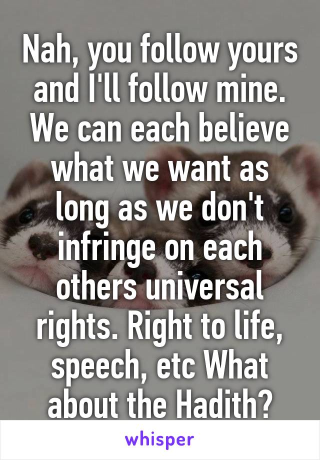 Nah, you follow yours and I'll follow mine. We can each believe what we want as long as we don't infringe on each others universal rights. Right to life, speech, etc What about the Hadith?