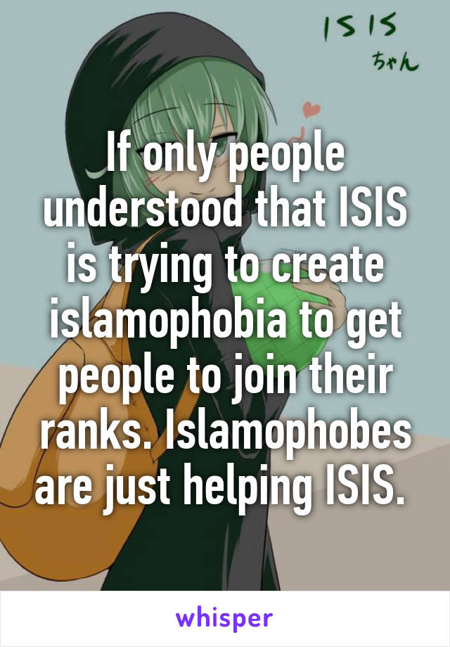 If only people understood that ISIS is trying to create islamophobia to get people to join their ranks. Islamophobes are just helping ISIS. 