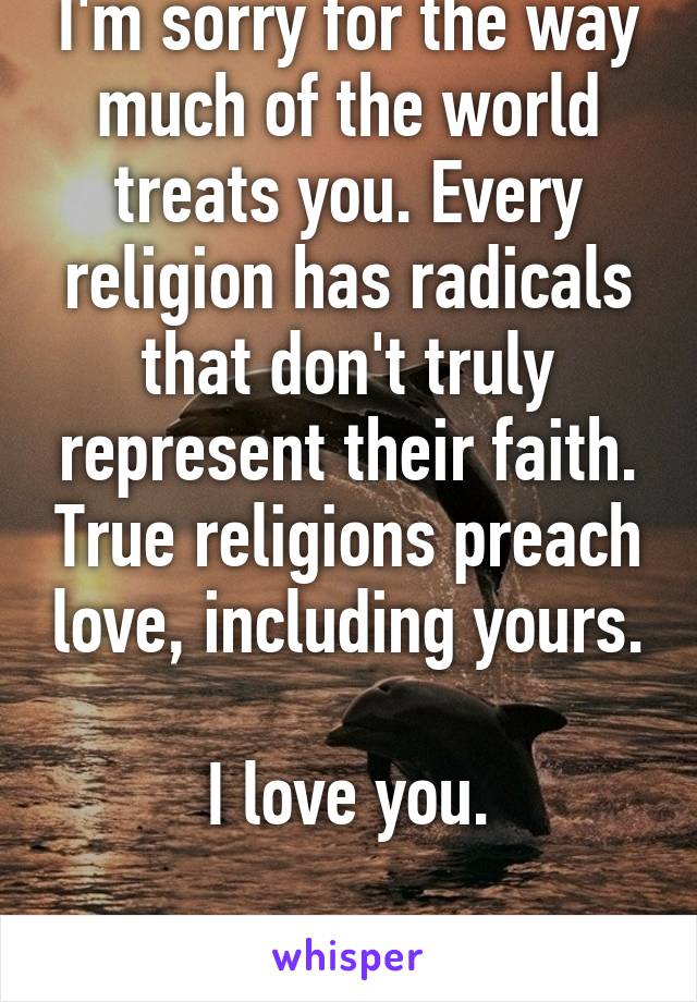 I'm sorry for the way much of the world treats you. Every religion has radicals that don't truly represent their faith. True religions preach love, including yours. 
I love you.

-a Canadian atheist 