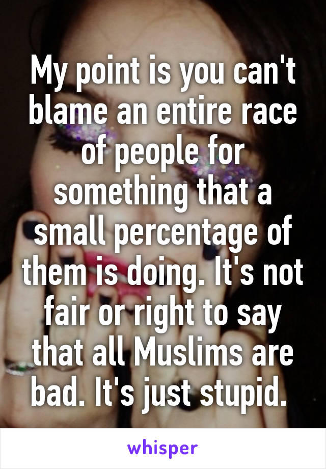 My point is you can't blame an entire race of people for something that a small percentage of them is doing. It's not fair or right to say that all Muslims are bad. It's just stupid. 