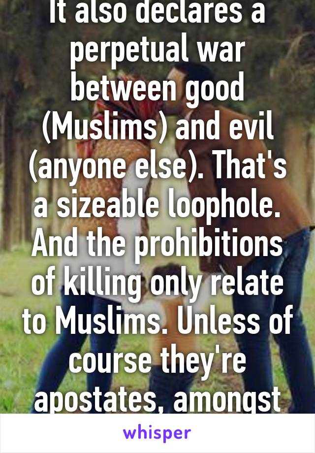 It also declares a perpetual war between good (Muslims) and evil (anyone else). That's a sizeable loophole. And the prohibitions of killing only relate to Muslims. Unless of course they're apostates, amongst other "crimes".