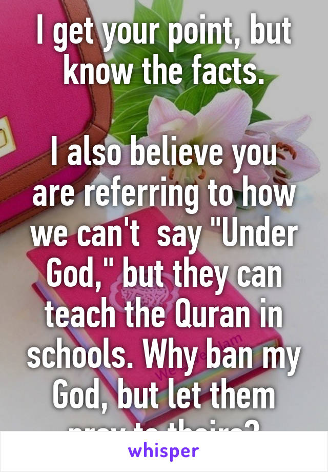 I get your point, but know the facts.

I also believe you are referring to how we can't  say "Under God," but they can teach the Quran in schools. Why ban my God, but let them pray to theirs?