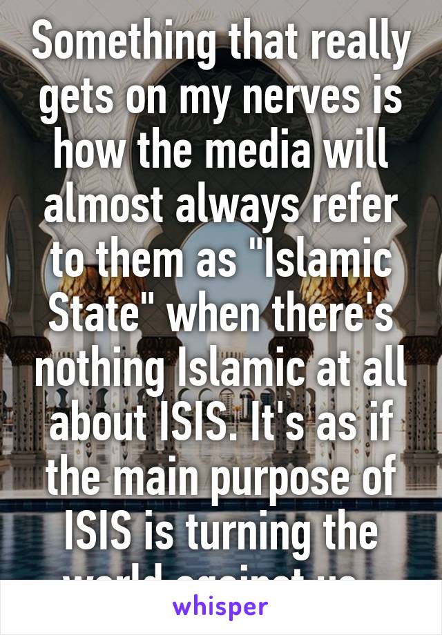 Something that really gets on my nerves is how the media will almost always refer to them as "Islamic State" when there's nothing Islamic at all about ISIS. It's as if the main purpose of ISIS is turning the world against us. 