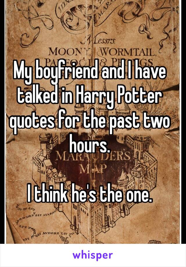 My boyfriend and I have talked in Harry Potter quotes for the past two hours.

I think he's the one.