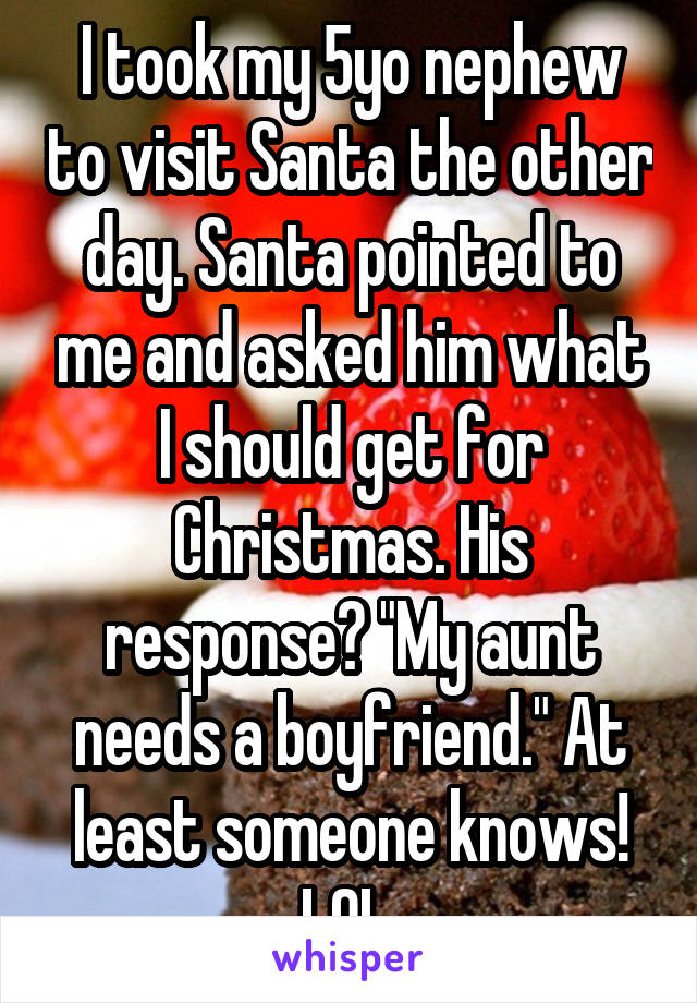 I took my 5yo nephew to visit Santa the other day. Santa pointed to me and asked him what I should get for Christmas. His response? "My aunt needs a boyfriend." At least someone knows! LOL 