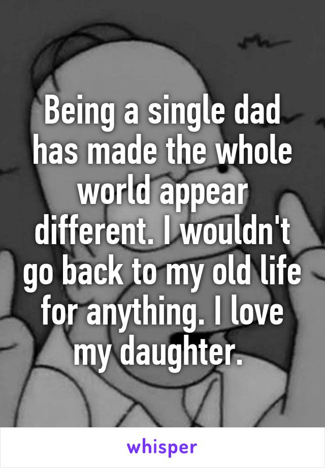 Being a single dad has made the whole world appear different. I wouldn't go back to my old life for anything. I love my daughter. 