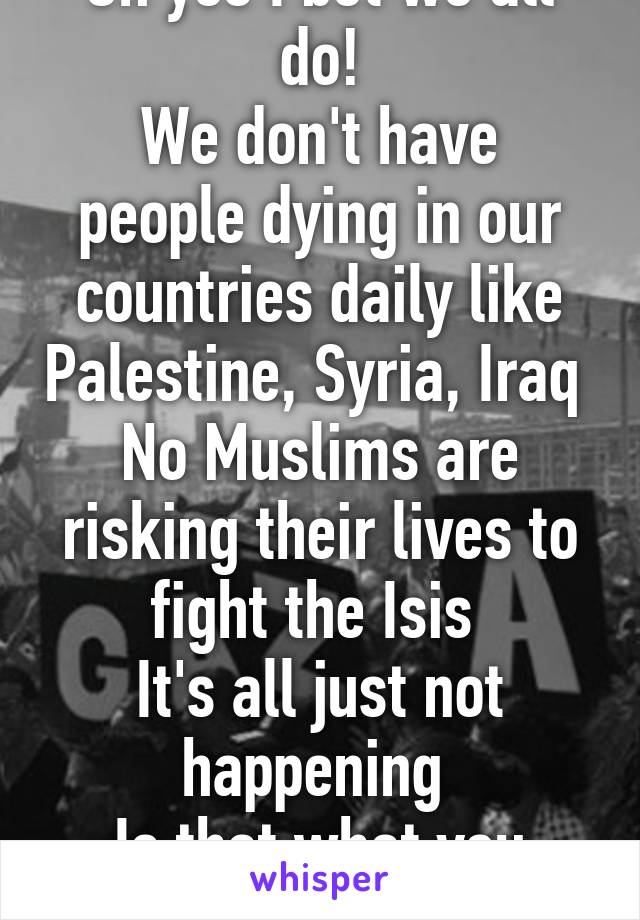 Oh yes I bet we all do!
We don't have people dying in our countries daily like Palestine, Syria, Iraq 
No Muslims are risking their lives to fight the Isis 
It's all just not happening 
Is that what you want to hear?