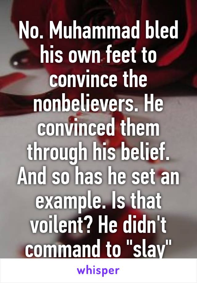 No. Muhammad bled his own feet to convince the nonbelievers. He convinced them through his belief. And so has he set an example. Is that voilent? He didn't command to "slay"