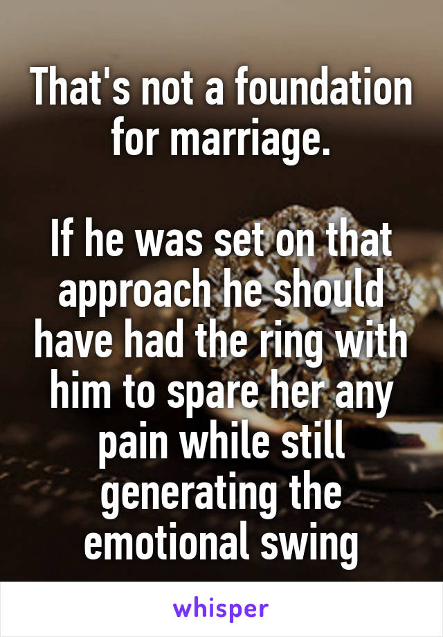 That's not a foundation for marriage.

If he was set on that approach he should have had the ring with him to spare her any pain while still generating the emotional swing