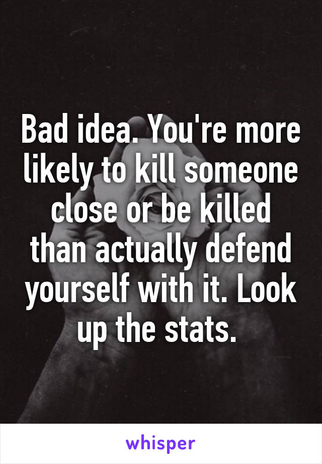 Bad idea. You're more likely to kill someone close or be killed than actually defend yourself with it. Look up the stats. 