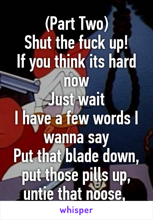 (Part Two)
Shut the fuck up!
If you think its hard now
Just wait
I have a few words I wanna say
Put that blade down, put those pills up, untie that noose, 
