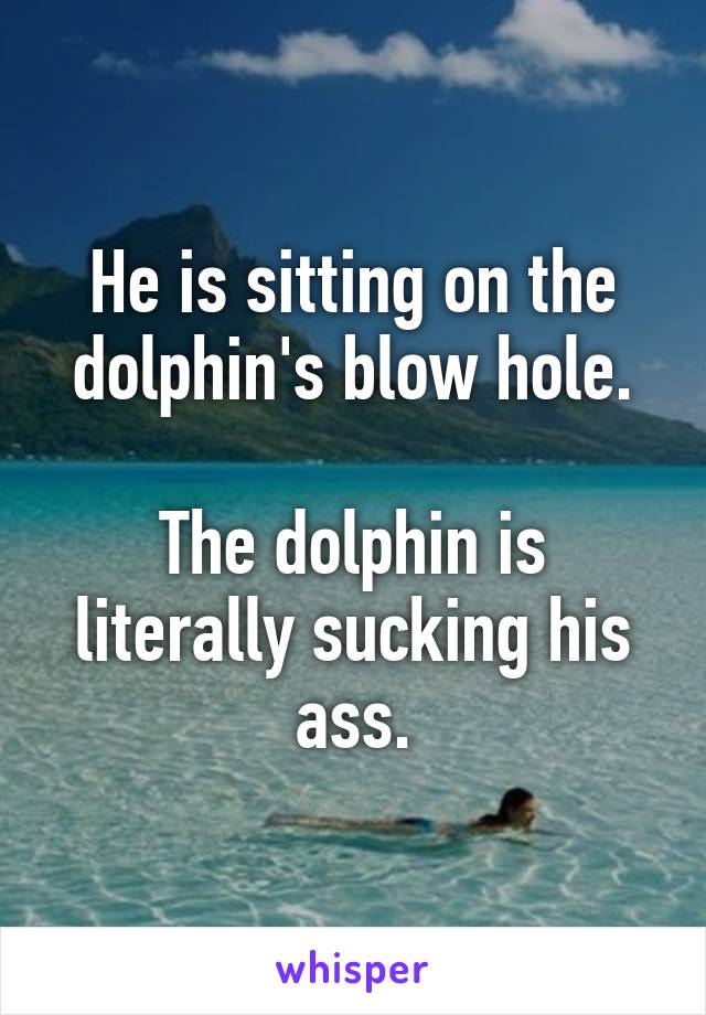 He is sitting on the dolphin's blow hole.

The dolphin is literally sucking his ass.