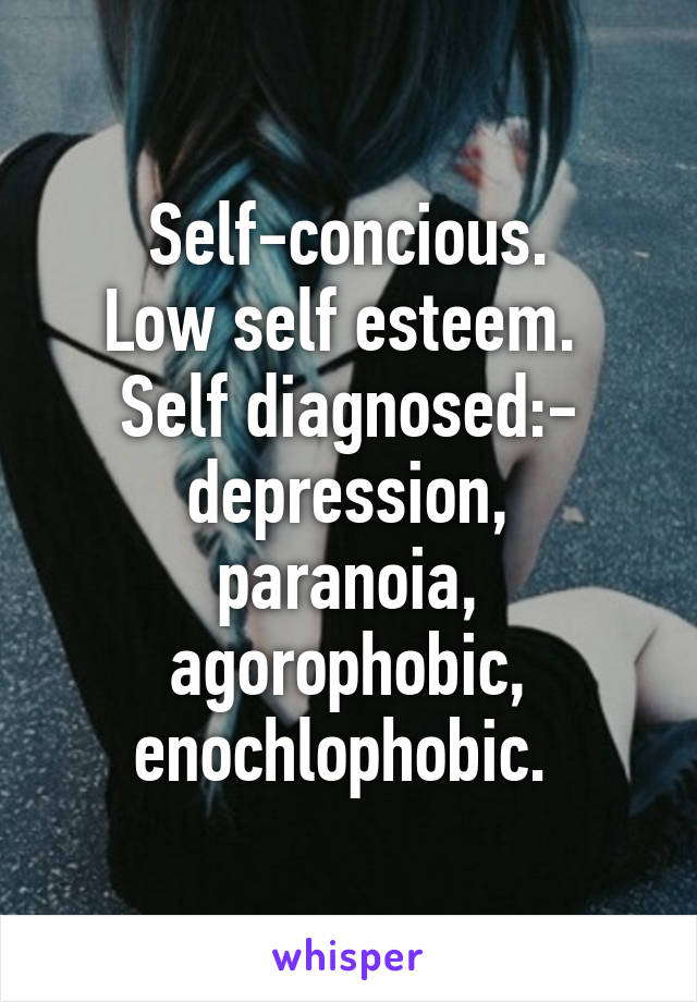 Self-concious.
Low self esteem. 
Self diagnosed:-
depression,
paranoia,
agorophobic,
enochlophobic. 
