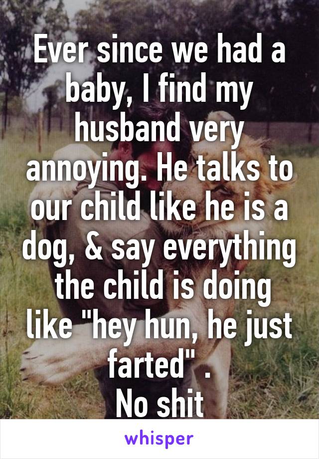 Ever since we had a baby, I find my husband very annoying. He talks to our child like he is a dog, & say everything  the child is doing like "hey hun, he just farted" .
No shit