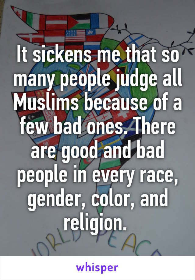 It sickens me that so many people judge all Muslims because of a few bad ones. There are good and bad people in every race, gender, color, and religion. 