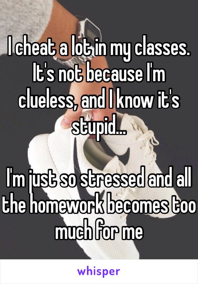 I cheat a lot in my classes.
It's not because I'm clueless, and I know it's stupid...

I'm just so stressed and all the homework becomes too much for me