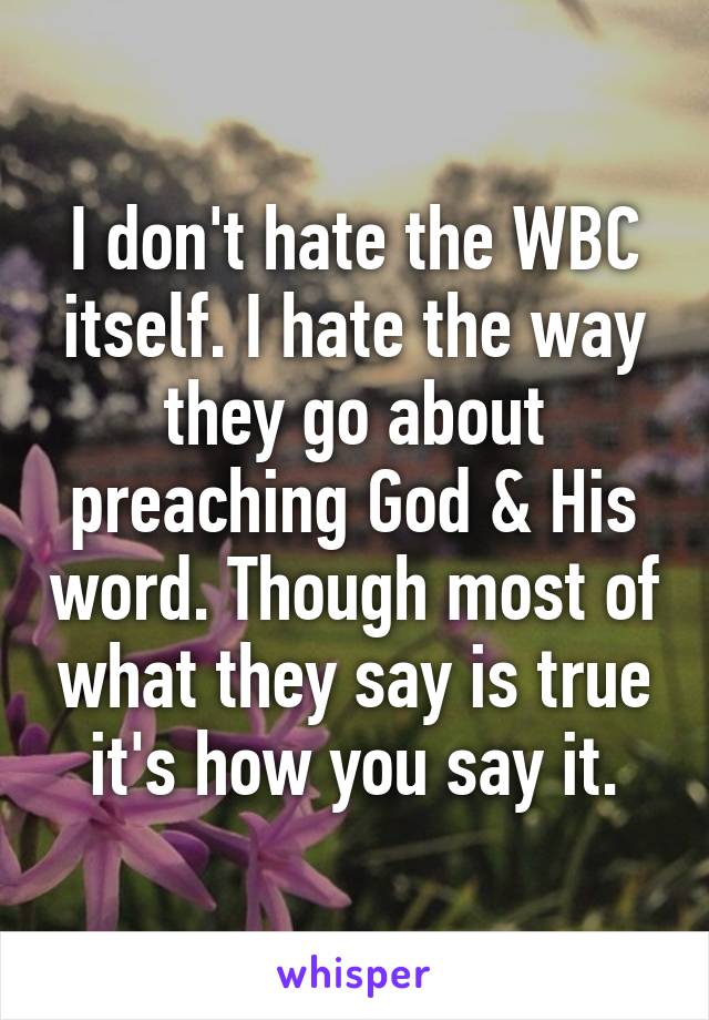 I don't hate the WBC itself. I hate the way they go about preaching God & His word. Though most of what they say is true it's how you say it.