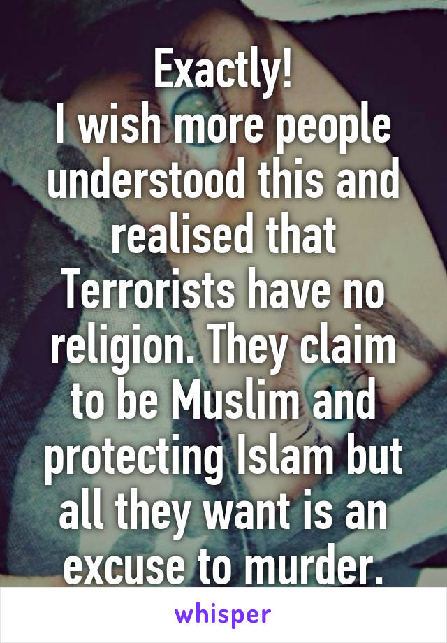 Exactly!
I wish more people understood this and realised that Terrorists have no religion. They claim to be Muslim and protecting Islam but all they want is an excuse to murder.