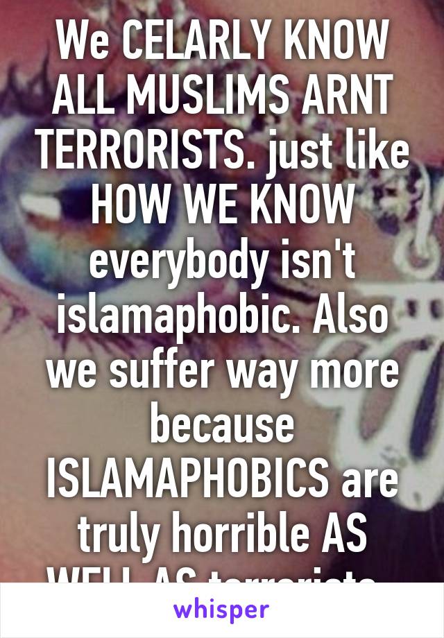 We CELARLY KNOW ALL MUSLIMS ARNT TERRORISTS. just like HOW WE KNOW everybody isn't islamaphobic. Also we suffer way more because ISLAMAPHOBICS are truly horrible AS WELL AS terrorists. 