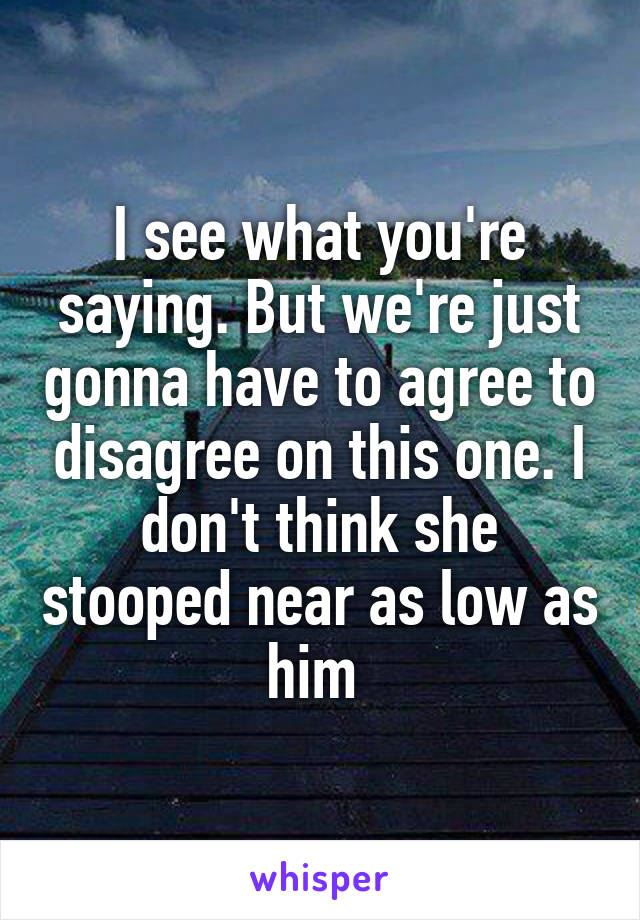 I see what you're saying. But we're just gonna have to agree to disagree on this one. I don't think she stooped near as low as him 