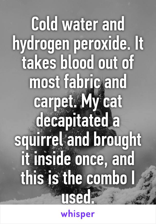 Cold water and hydrogen peroxide. It takes blood out of most fabric and carpet. My cat decapitated a squirrel and brought it inside once, and this is the combo I used.