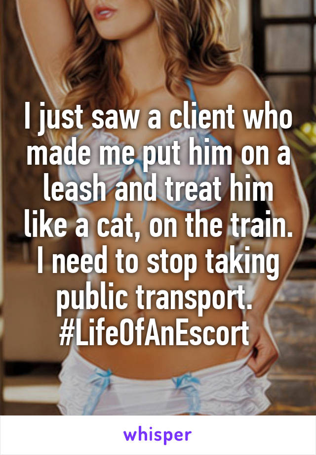 I just saw a client who made me put him on a leash and treat him like a cat, on the train.
I need to stop taking public transport. 
#LifeOfAnEscort 