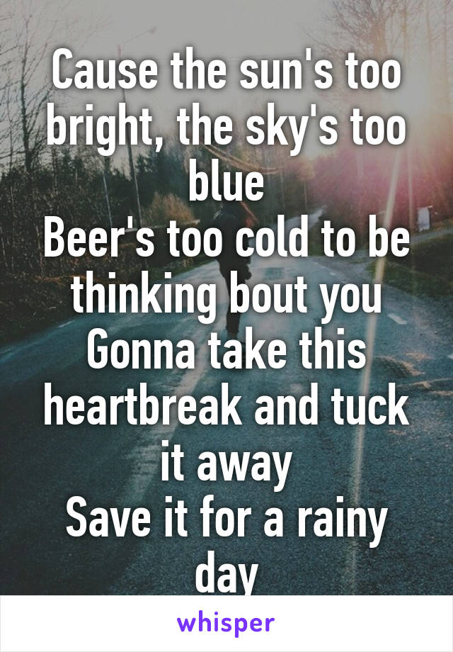 Cause the sun's too bright, the sky's too blue
Beer's too cold to be thinking bout you
Gonna take this heartbreak and tuck it away
Save it for a rainy day