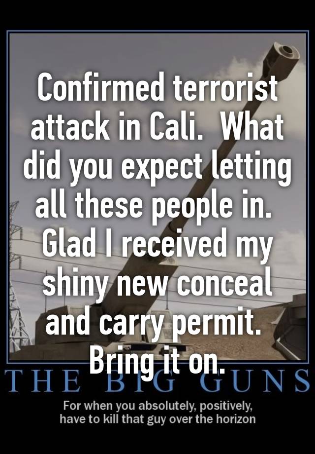 Confirmed terrorist attack in Cali.  What did you expect letting all these people in.  Glad I received my shiny new conceal and carry permit.  Bring it on.