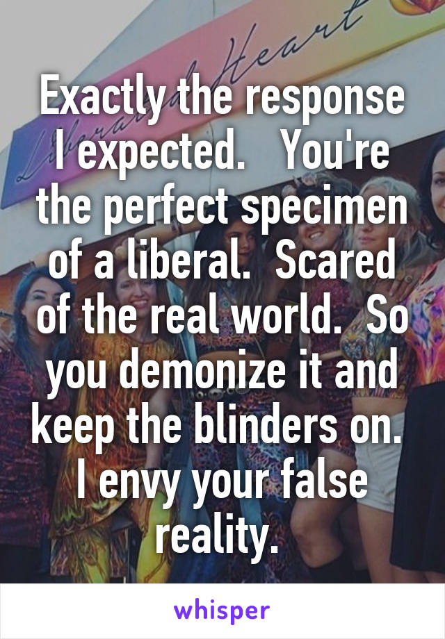 Exactly the response I expected.   You're the perfect specimen of a liberal.  Scared of the real world.  So you demonize it and keep the blinders on.  I envy your false reality. 