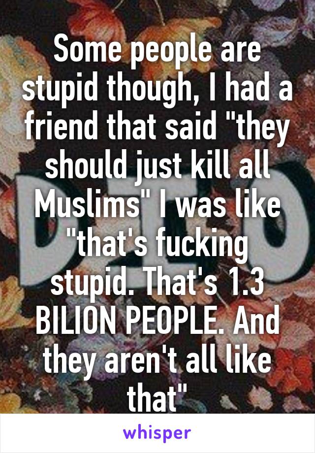 Some people are stupid though, I had a friend that said "they should just kill all Muslims" I was like "that's fucking stupid. That's 1.3 BILION PEOPLE. And they aren't all like that"