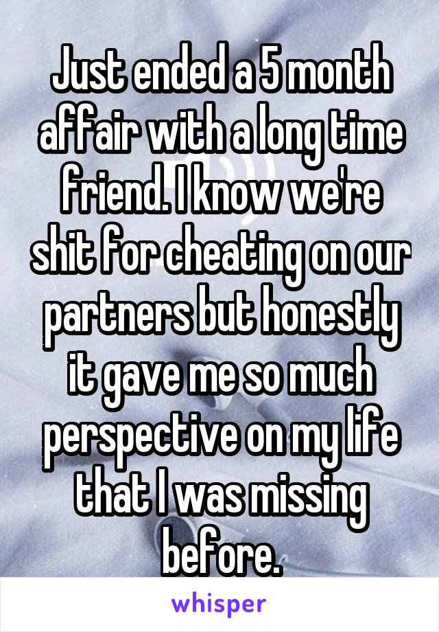 Just ended a 5 month affair with a long time friend. I know we're shit for cheating on our partners but honestly it gave me so much perspective on my life that I was missing before.