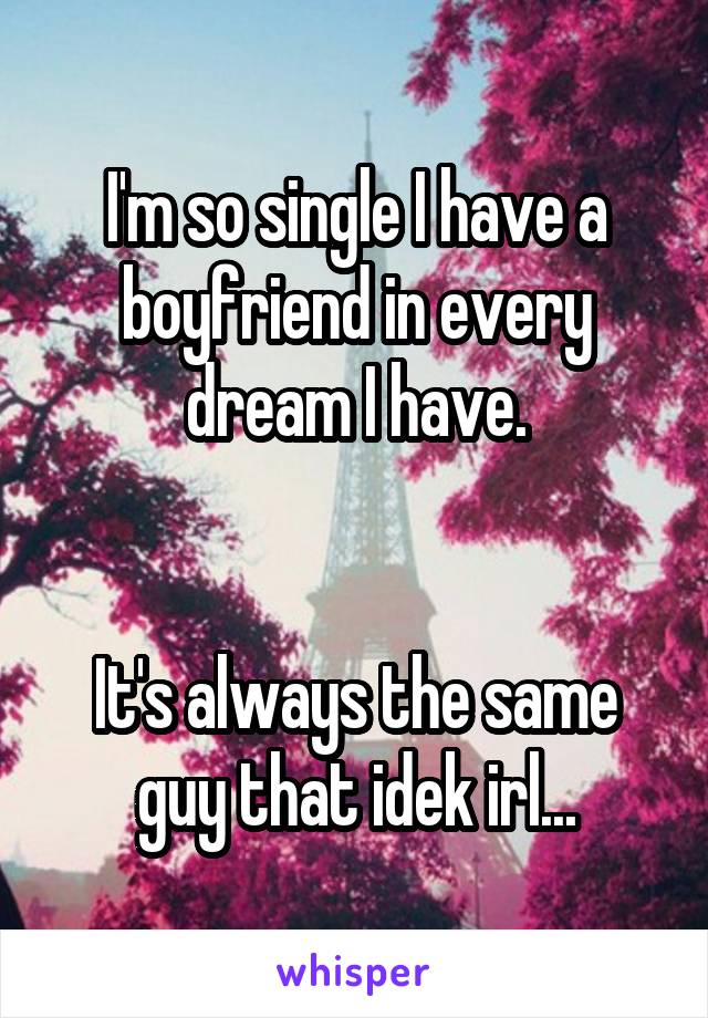 I'm so single I have a boyfriend in every dream I have.


It's always the same guy that idek irl...
