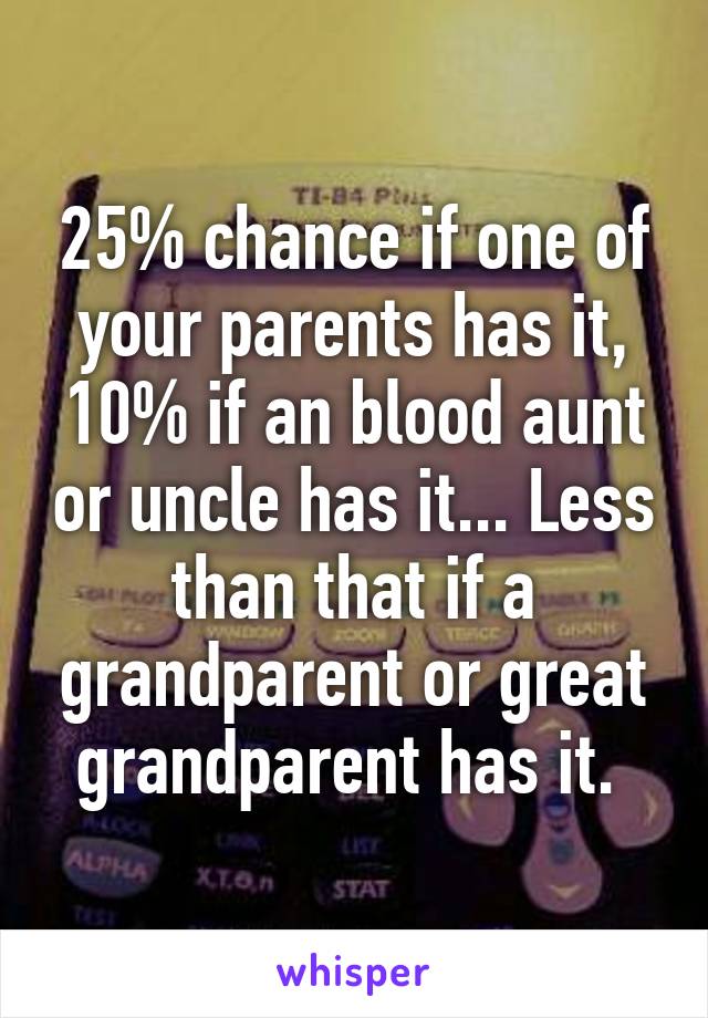 25% chance if one of your parents has it, 10% if an blood aunt or uncle has it... Less than that if a grandparent or great grandparent has it. 