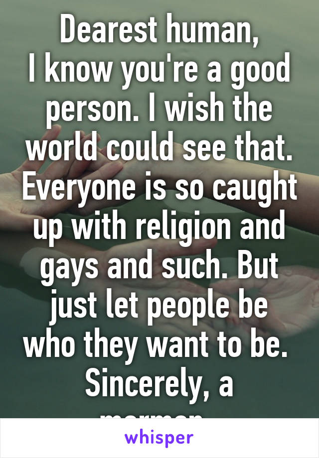 Dearest human,
I know you're a good person. I wish the world could see that. Everyone is so caught up with religion and gays and such. But just let people be who they want to be. 
Sincerely, a mormon. 