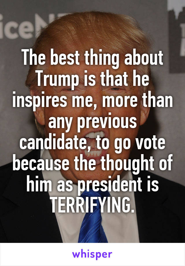 The best thing about Trump is that he inspires me, more than any previous candidate, to go vote because the thought of him as president is TERRIFYING.