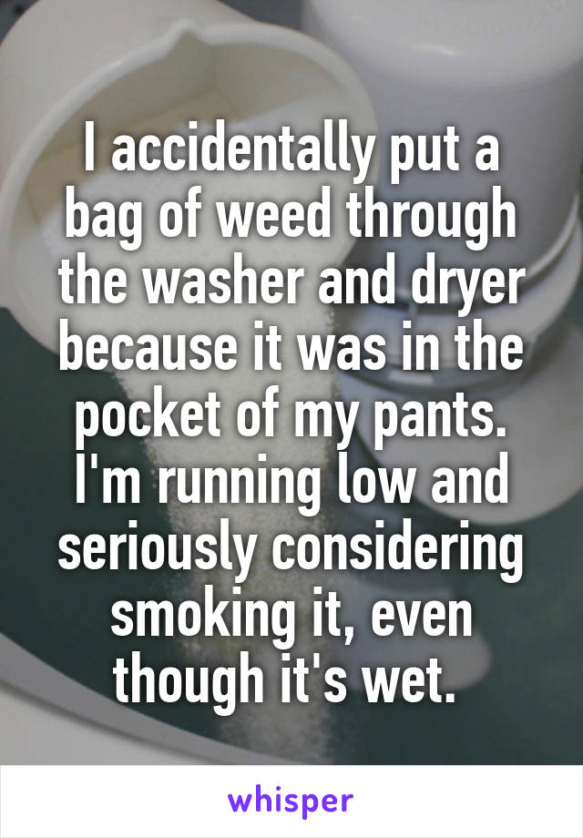 I accidentally put a bag of weed through the washer and dryer because it was in the pocket of my pants. I'm running low and seriously considering smoking it, even though it's wet. 