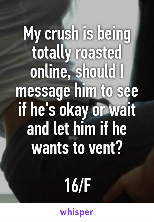 My crush is being totally roasted online, should I message him to see if he's okay or wait and let him if he wants to vent?

16/F