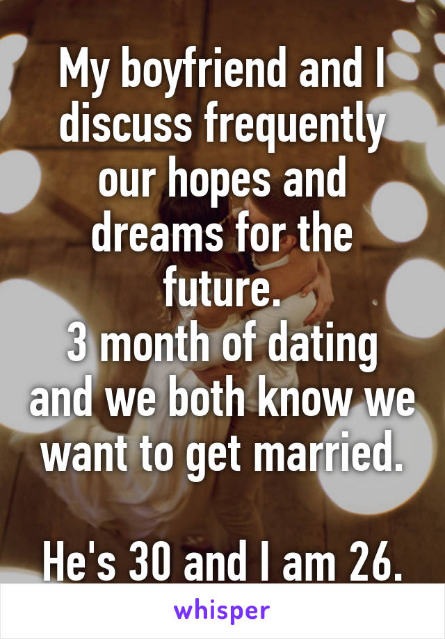 My boyfriend and I discuss frequently our hopes and dreams for the future.
3 month of dating and we both know we want to get married.

He's 30 and I am 26.