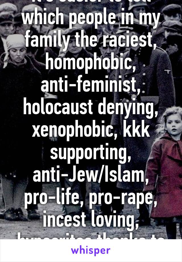 It's easier to tell which people in my family the raciest, homophobic, anti-feminist, holocaust denying, xenophobic, kkk supporting, anti-Jew/Islam, pro-life, pro-rape, incest loving, hypocrites thanks to social media