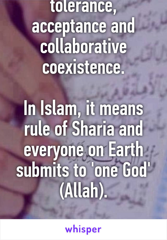 In Islam, "peace" does not mean tolerance, acceptance and collaborative coexistence.

In Islam, it means rule of Sharia and everyone on Earth submits to 'one God' (Allah).

Islam = inhumane.

Truth.