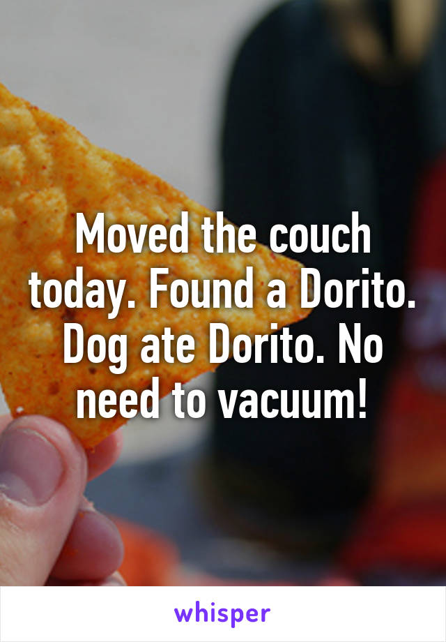 Moved the couch today. Found a Dorito. Dog ate Dorito. No need to vacuum!