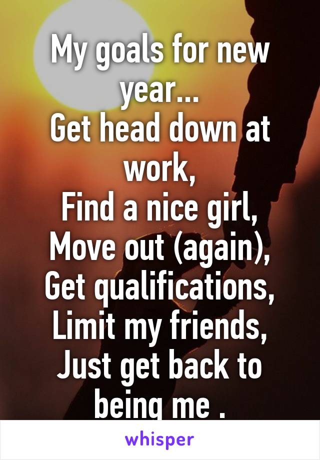 My goals for new year...
Get head down at work,
Find a nice girl,
Move out (again),
Get qualifications,
Limit my friends,
Just get back to being me .