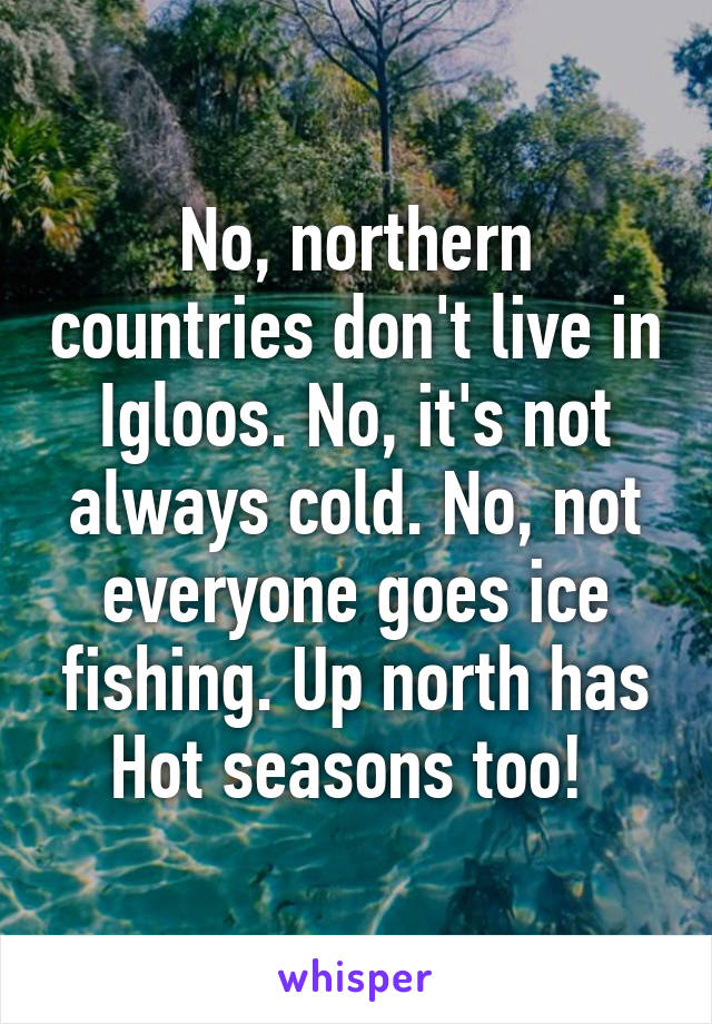 No, northern countries don't live in Igloos. No, it's not always cold. No, not everyone goes ice fishing. Up north has Hot seasons too! 