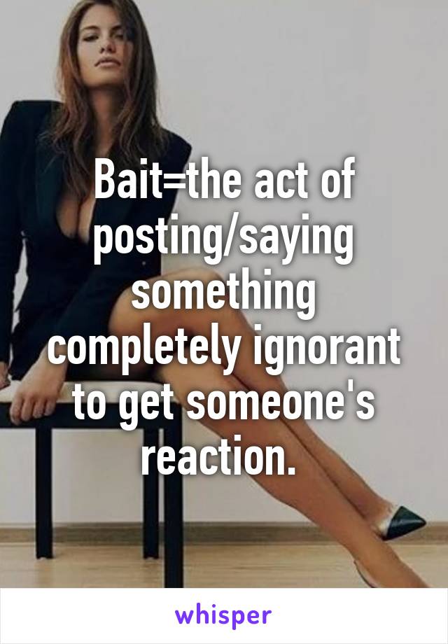 Bait=the act of posting/saying something completely ignorant to get someone's reaction. 